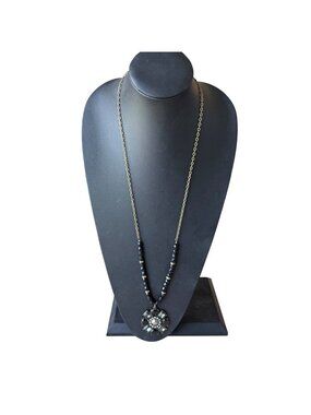 Vintage SHA Necklace Floral Faceted Boho Long Black Gold Tone 33-36 inches